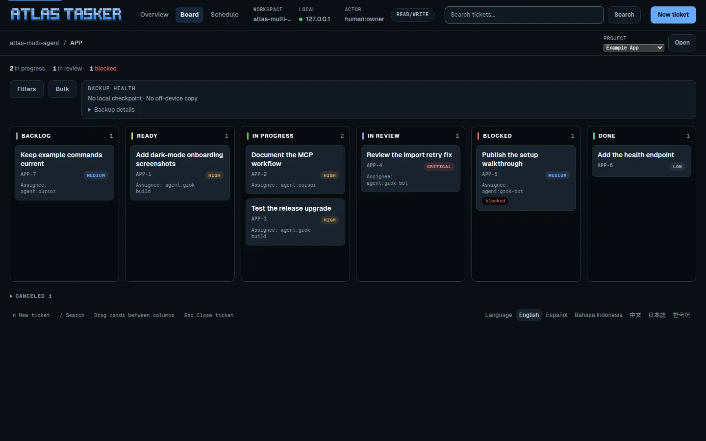 Synthetic Atlas Tasker web board with tickets assigned to agent:grok-build, agent:cursor, and agent:grok-bot