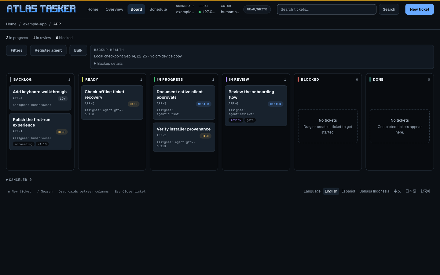 Atlas Tasker v1.16 in dark mode, showing example tickets and agent assignments across the Kanban columns